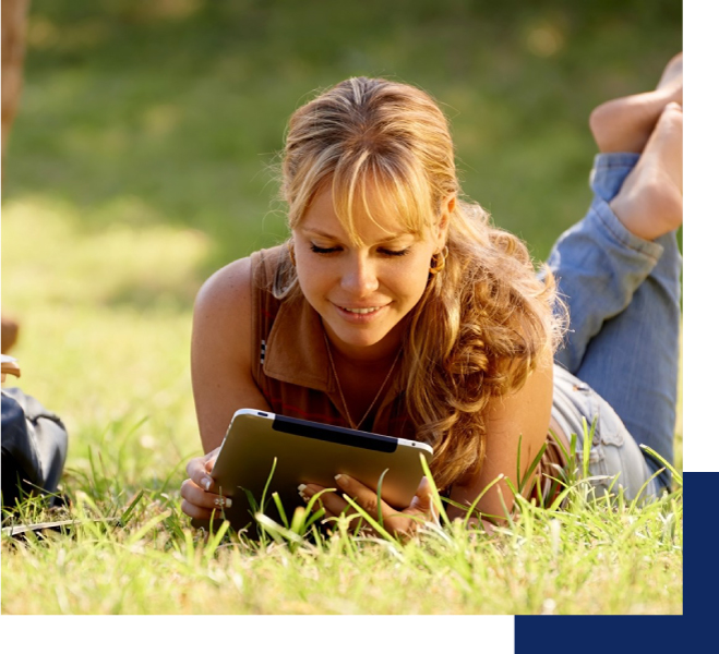 a photo of a woman using an ipad