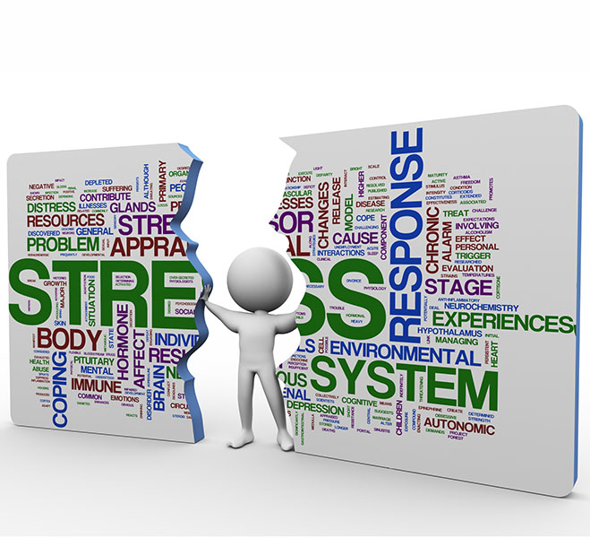 word cloud about stress with a person in the middle breaking the stress with mental health counseling in tustin ca