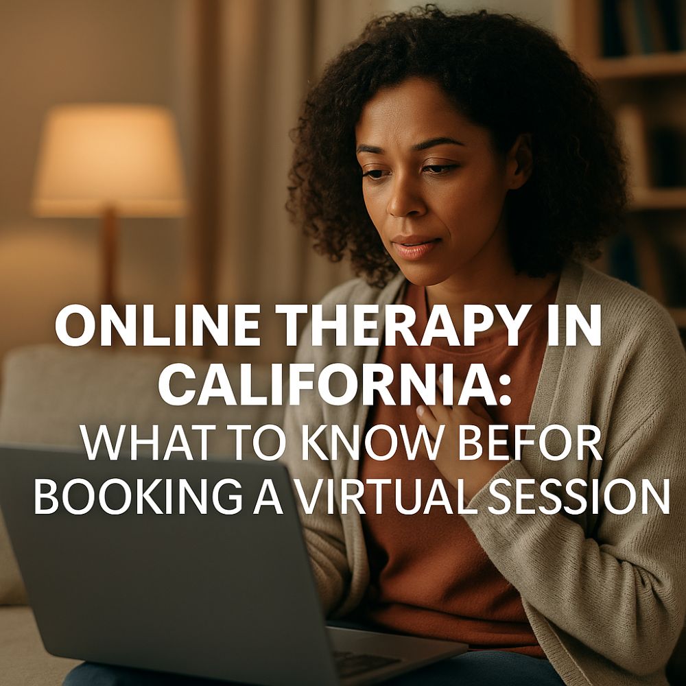A woman in her 30s participates in an online therapy session from her cozy living room in California