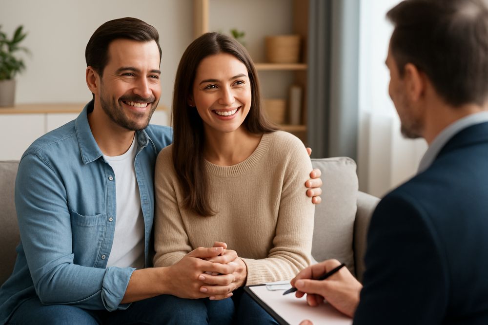 Couple holding hands during a therapy session with a marriage counselor, illustrating emotional support and relationship guidance.