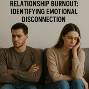 Emotionally distant couple sitting apart with the blog title "5 Warning Signs of Relationship Burnout: Identifying Emotional Disconnection" above them.