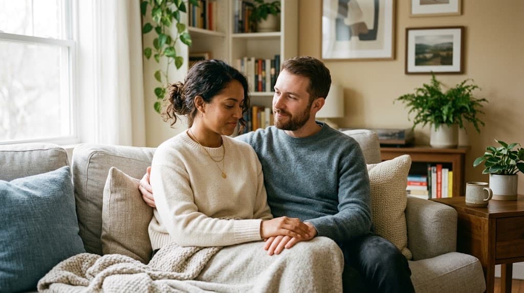 Couple showing empathy and emotional attunement during a conversation, illustrating relationship empathy discussed by Tustin therapist Steve Cuffari