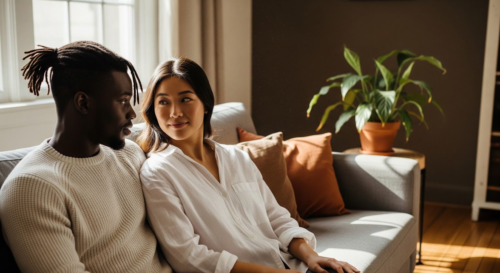 A couple in a sunlit room showing cautious vulnerability and hope as they begin the clinical process of rebuilding trust in their marriage.